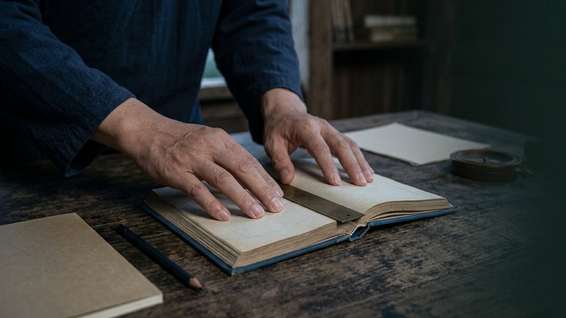 A pair of hands carefully measuring an old thread-bound book on a dark wooden table