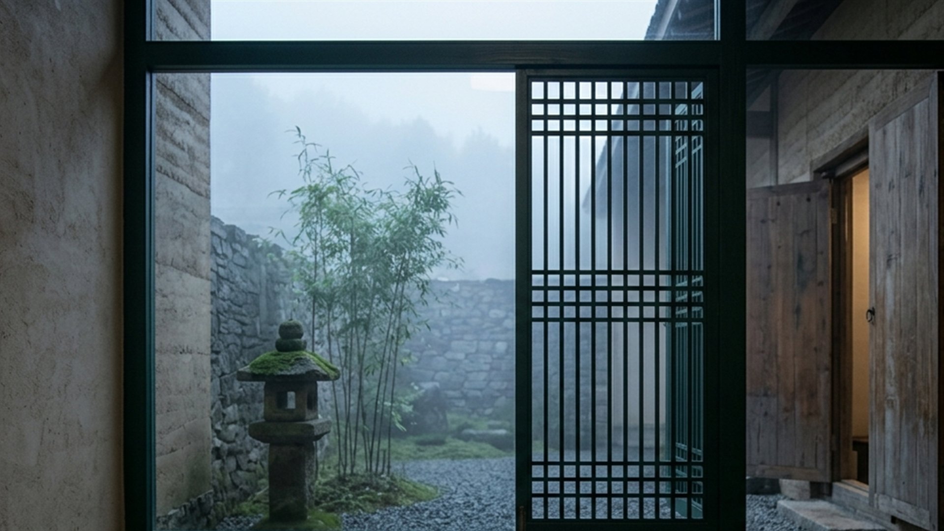 A quiet traditional courtyard framed by deep green foliage