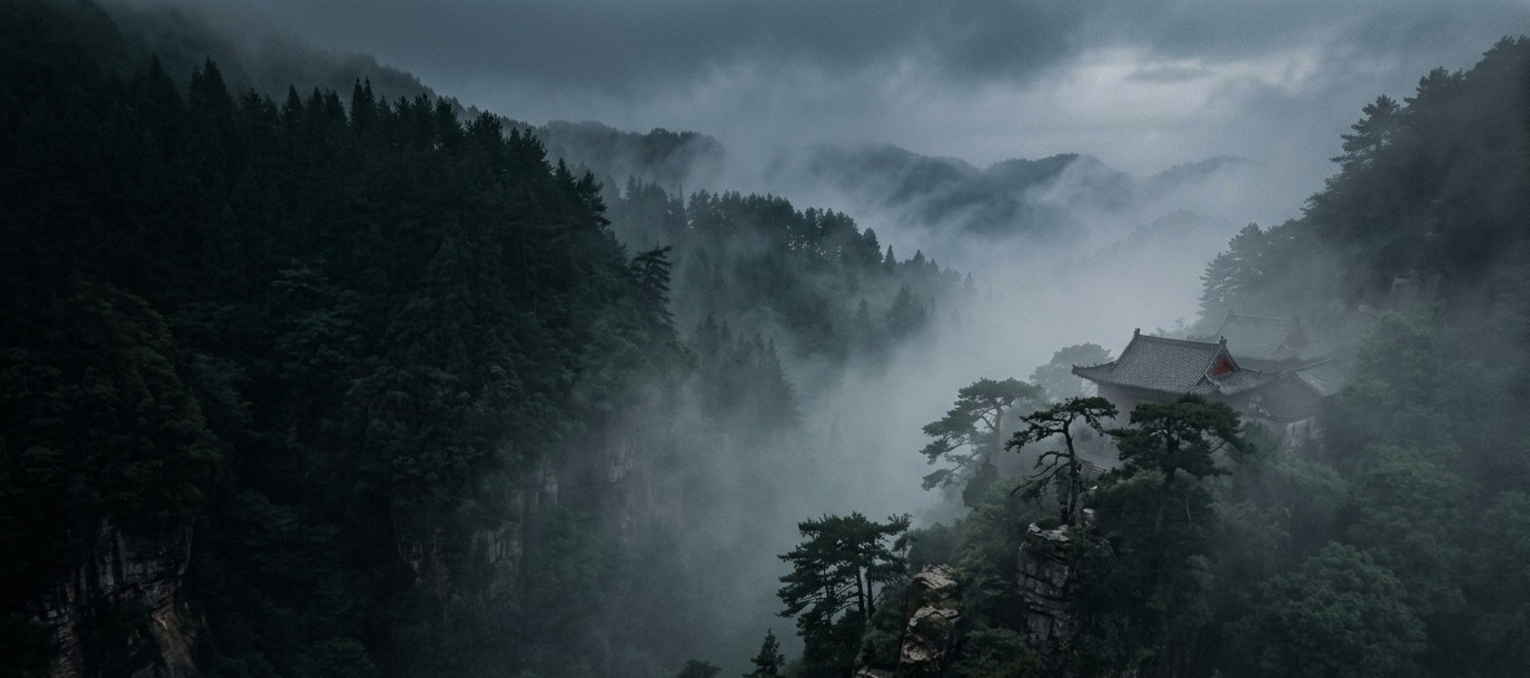 A Taoist temple hidden among dark forested cliffs and mountain mist
