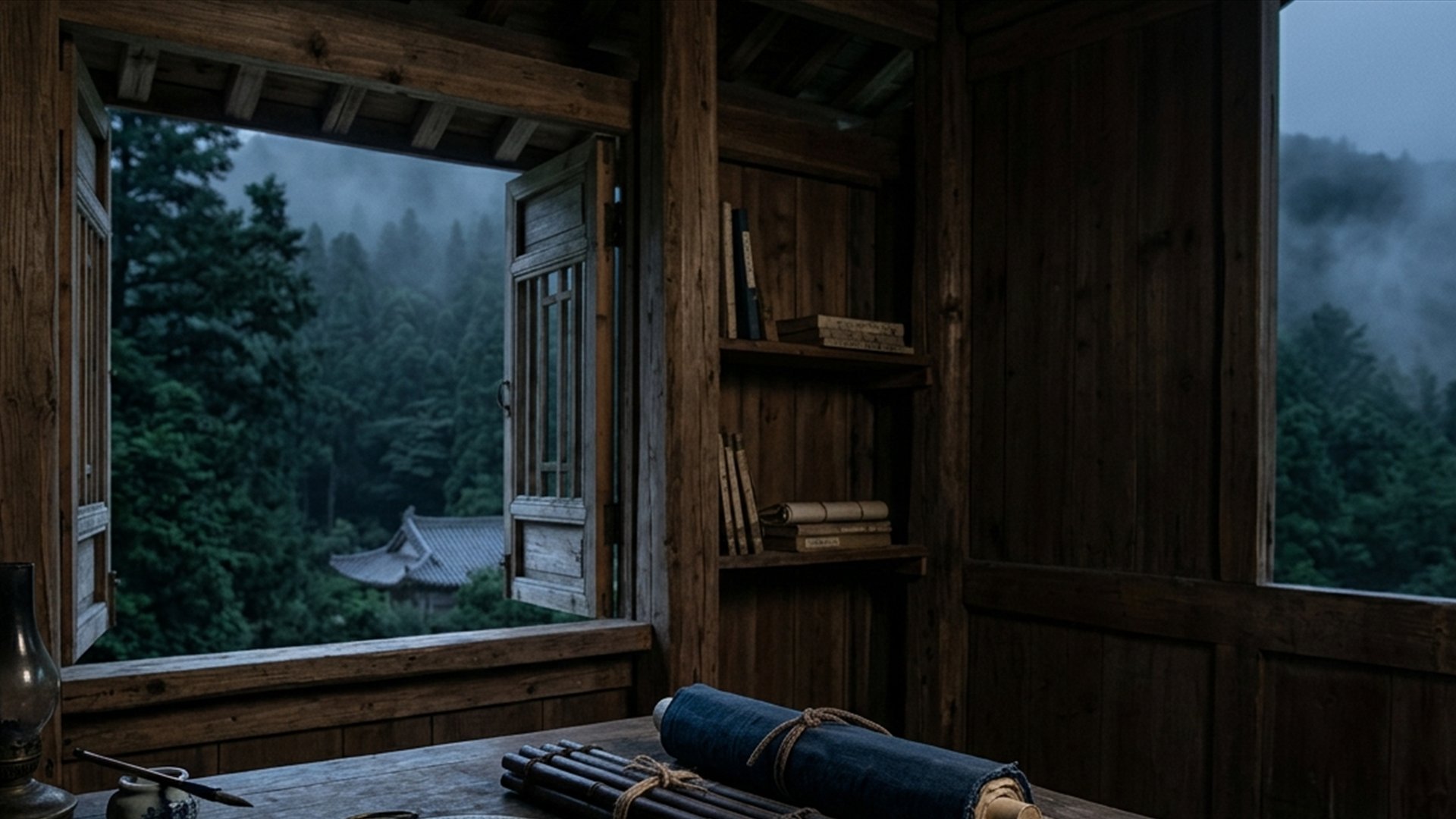 A quiet mountain study with an old compass, wrapped scroll, counting rods, and mist beyond the window