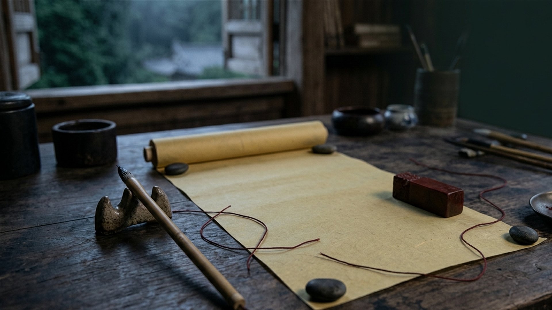 A blank sheet of handmade yellow paper, brush, red thread, seal stone, and cinnabar on an old workbench